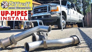 2001 F350 73  RiffRaff UpPipes Install  Stock up pipes leaking and falling apart JUNK SP [upl. by Briggs84]